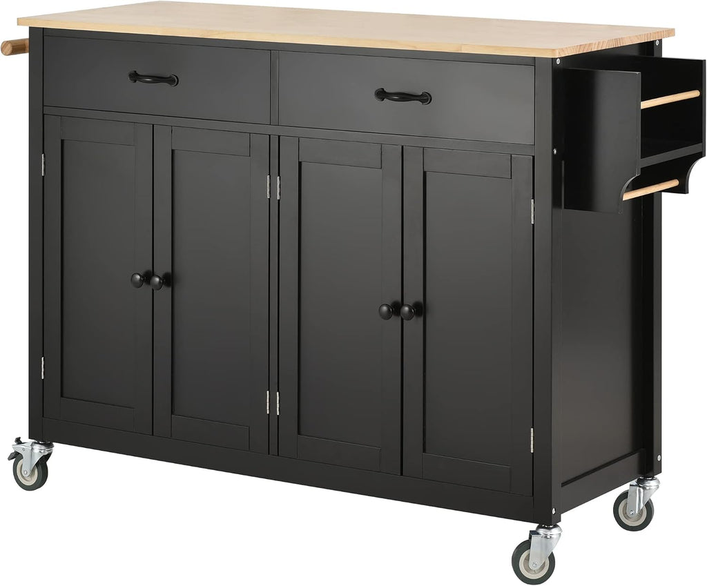 Merax 54.3' Width Kitchen Island with Storage, Rolling Kitchen Storage Islands with 4 Door Cabinet & 2 Drawers, Kitchen Cart with Solid Wood Top, Lockable Wheels, Spice Rack, and Towel Rack, Black