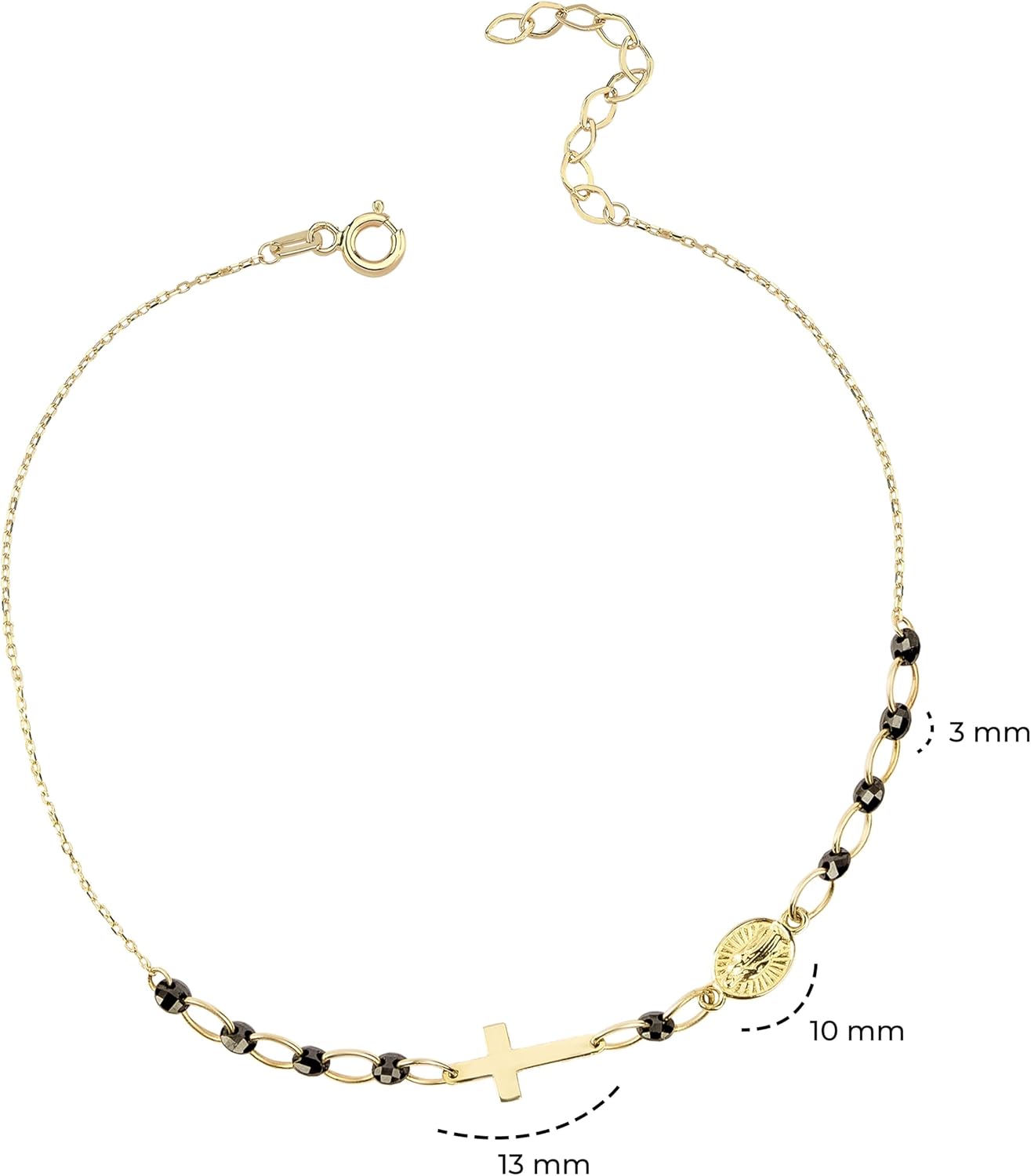 MIONZA 14K Solid Gold Rosary Sideways Cross Bracelet for Women, Adjustable Cross Bracelet, Religious Charm Catholic Jewelry, Christian Baptism Gift for Her