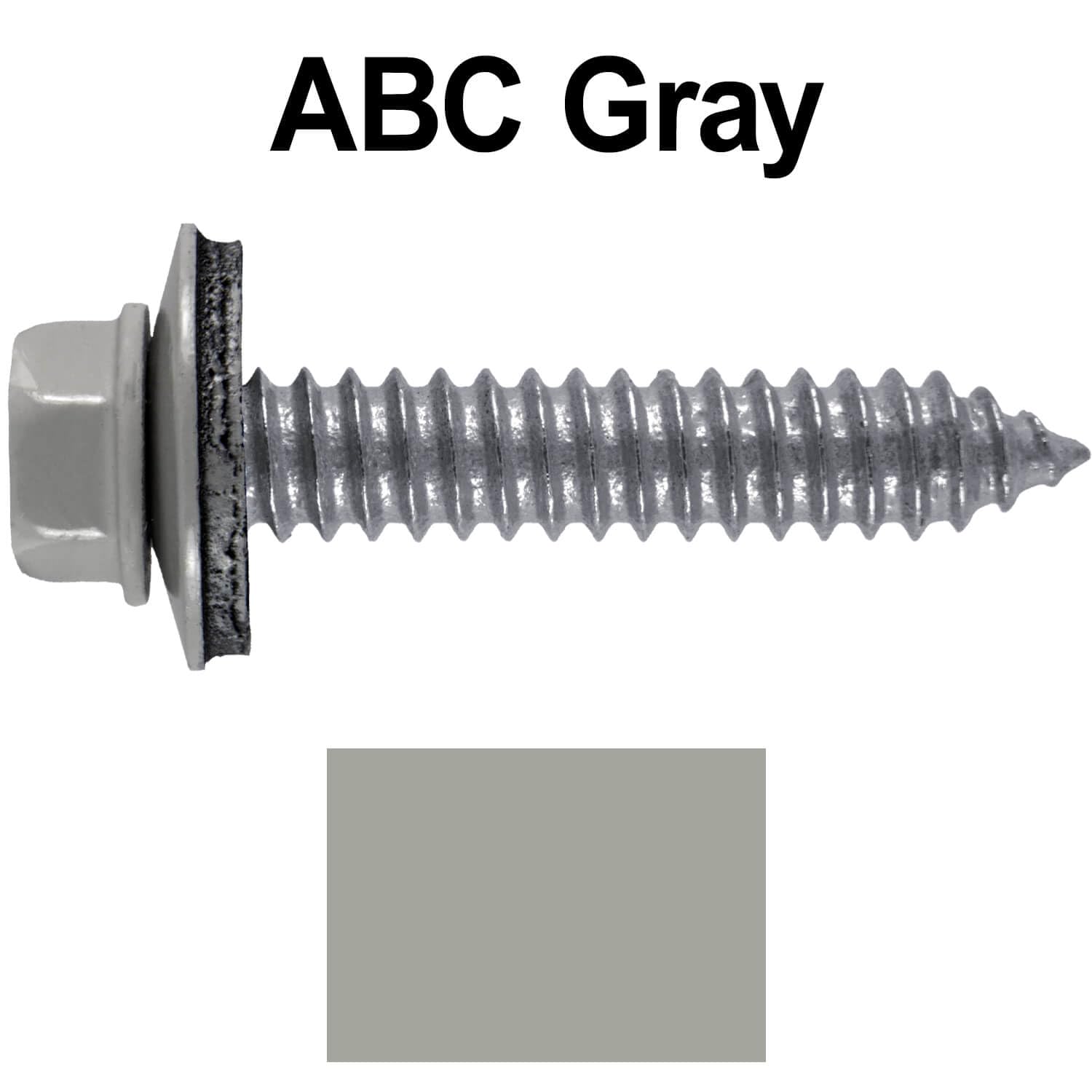 17 x 1-1/2' ABC Gray Metal Roofing Screws - Metal Panel to Metal Purlins and Recovery Screws - Hex Washer Head - EPDM Washer. 1 x 250 Count Bag - 250 Screws