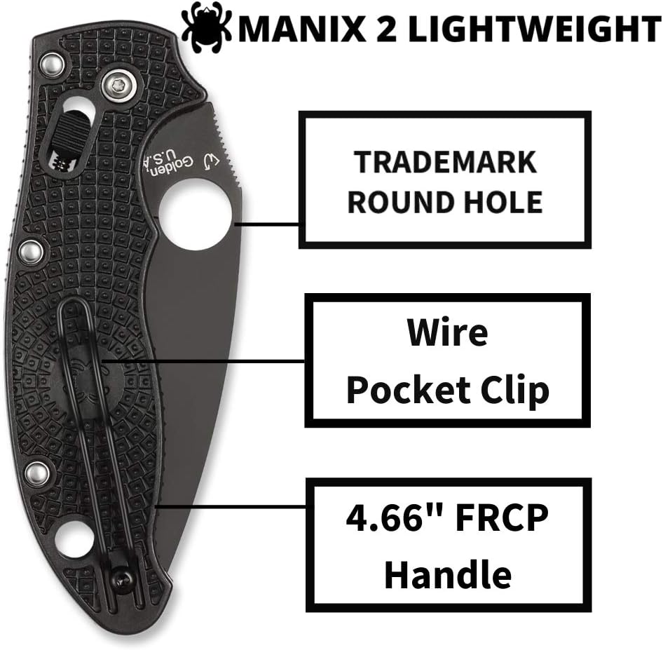 Spyderco Manix 2 Lightweight Folding Pocket Knife with 3.3' CTS BD1N Steel Blade and FRCP Handle - EDC Knife for Men and Women, Perfect for Hunting, Tactical, Camping - PlainEdge - C101PBBK2