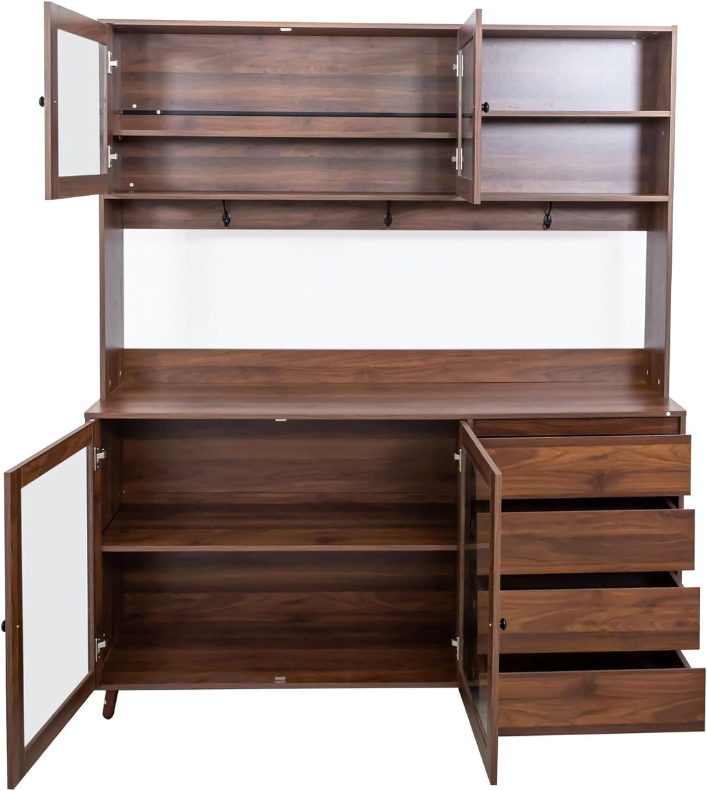 63' Kitchen Pantry Cabinet with Doors and Shelves, Freestanding Bakers Rack Coffee Station with 4 Drawers and Hooks for Kitchen Dining Room, Walnut