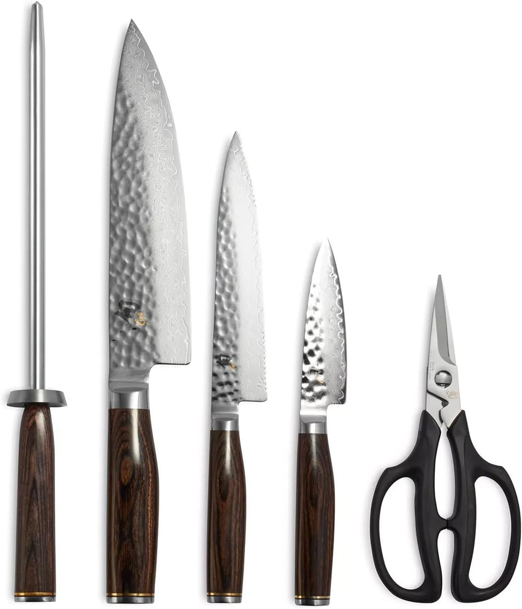 Shun Premier 6 Piece Block Set, Includes 8' Chef's, 4' Paring, 6.5' Serrated Utility Knife & Shears, Handcrafted Japanese Knife Set, Damascus Stainless Steel Cladding, Pakkawood Handle