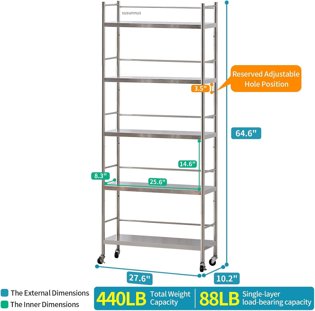 susunnus Stainless Steel Shelf,Shelves for Storage,Metal Kitchen,Garage Shelf,with Wheels,Rolling Shelves,Adjustable Height,Weight Capacity 440LB(27.6in*10.2in-5Twith guardrails)
