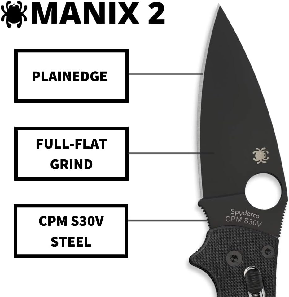 Spyderco Manix 2 Folding Pocket Knife with 3.3' CPM S30V Steel Blade and G-10 Handle - EDC Knife for Men and Women, Perfect for Hunting, Tactical, Camping, Survival, Hiking - PlainEdge - C101GPBBK2