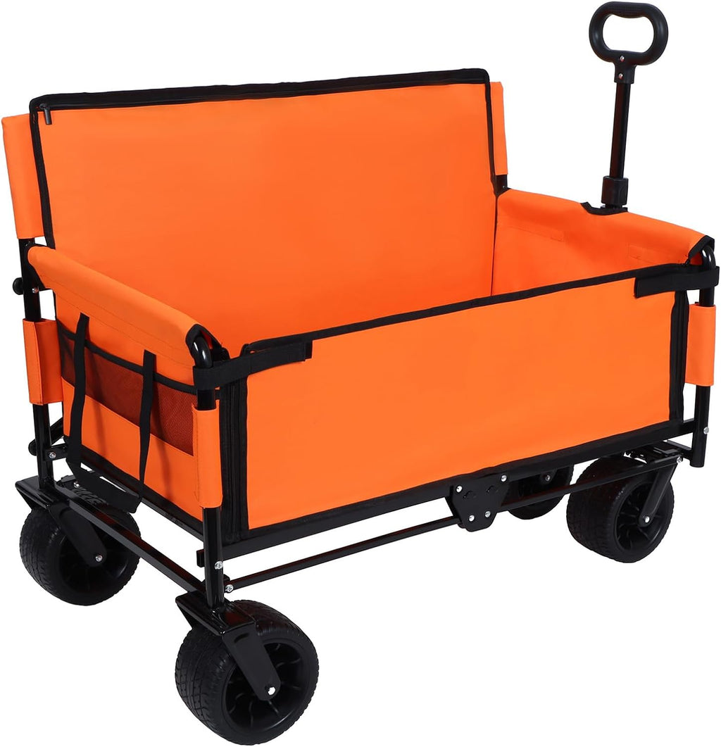 3-in-1 Convertible Folding Wagon Cart with Seat & Storage, 500lbs Heavy-Duty Utility Wagon, 180L Capacity, All-Terrain 360° Swivel Wheels for Camping, Beach, Sports, Garden (Orange)