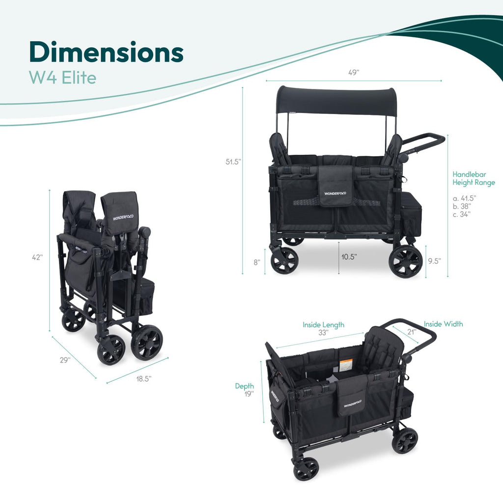WonderFold W4 Elite Stroller Wagon - Foldable Wagon with Steel Frame - Adjustable Canopy & Push Handle - All-Terrain Wheels - for Babies, Toddlers & Kids - 4 Seater - Jet Black
