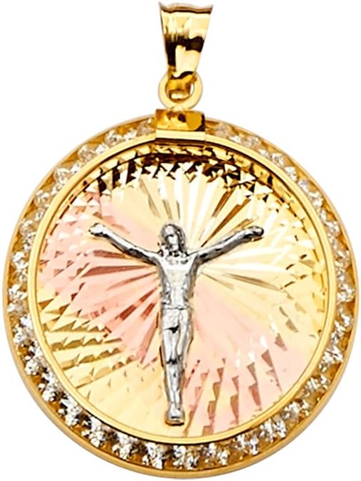 TGDJ 14K Tri Color Gold Jesus Medal Pendant - Crucifix Charm Polish Finish - Handmade Spiritual Symbol - Gold Stamped Fine Jewelry - Great Gift for Men & Women for Occasions, 29 x 21 mm, 1.6 gms