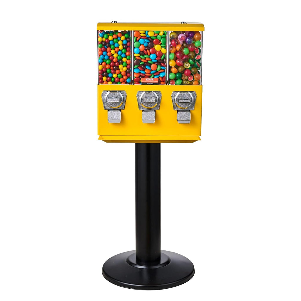 VEVOR Commercial Vending Machine, Triple Compartment Candy Dispenser with Iron Stand, Gumball and Candy Machine for Business, Coin Operated Gumball Bank for Toy Capsules Bouncy Balls Candy Nut, Yellow