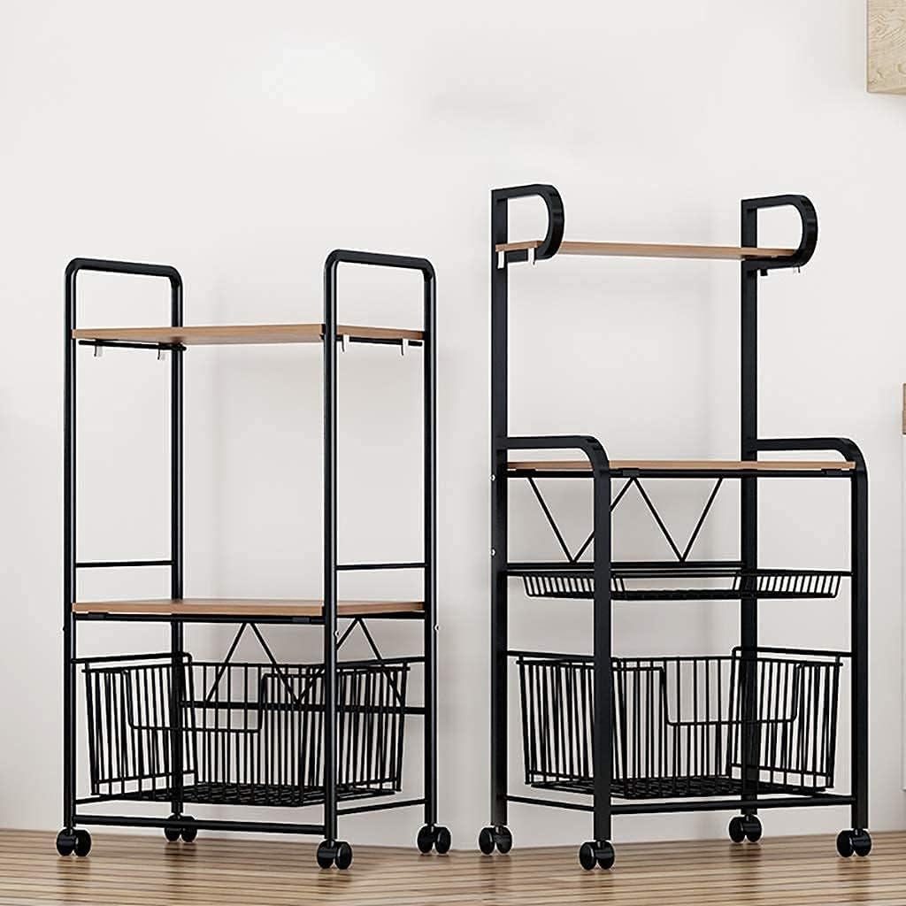 Rolling Microwave Stand with 3 Shelves Drawer Wire Basket Non Slip Workstation Kitchen Baker's Rack for Microwave Oven Spice Rack Organizer Utility Storage Shelf.