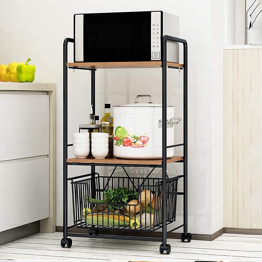 Rolling Microwave Stand with 3 Shelves Drawer Wire Basket Non Slip Workstation Kitchen Baker's Rack for Microwave Oven Spice Rack Organizer Utility Storage Shelf.