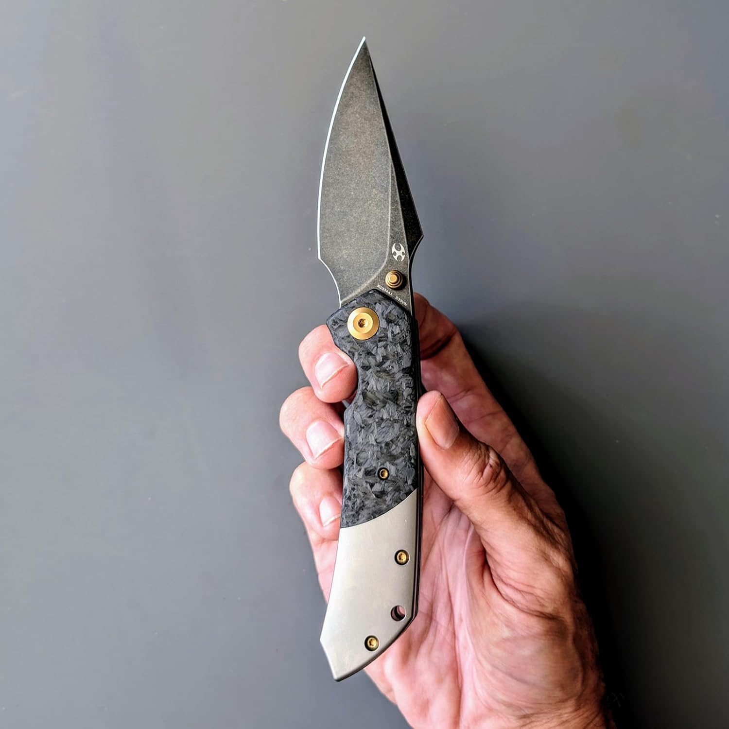 KANSEPT Fenrir Pocket Knife, 3.48' Blackwash CPM S35VN Harpoon Blade, Titanium Handle Shred Carbon Fiber Inlay, Thumb Stud & Liner Lock with Deep Clip EDC Knives for Camping Hunting Survival K1034A1