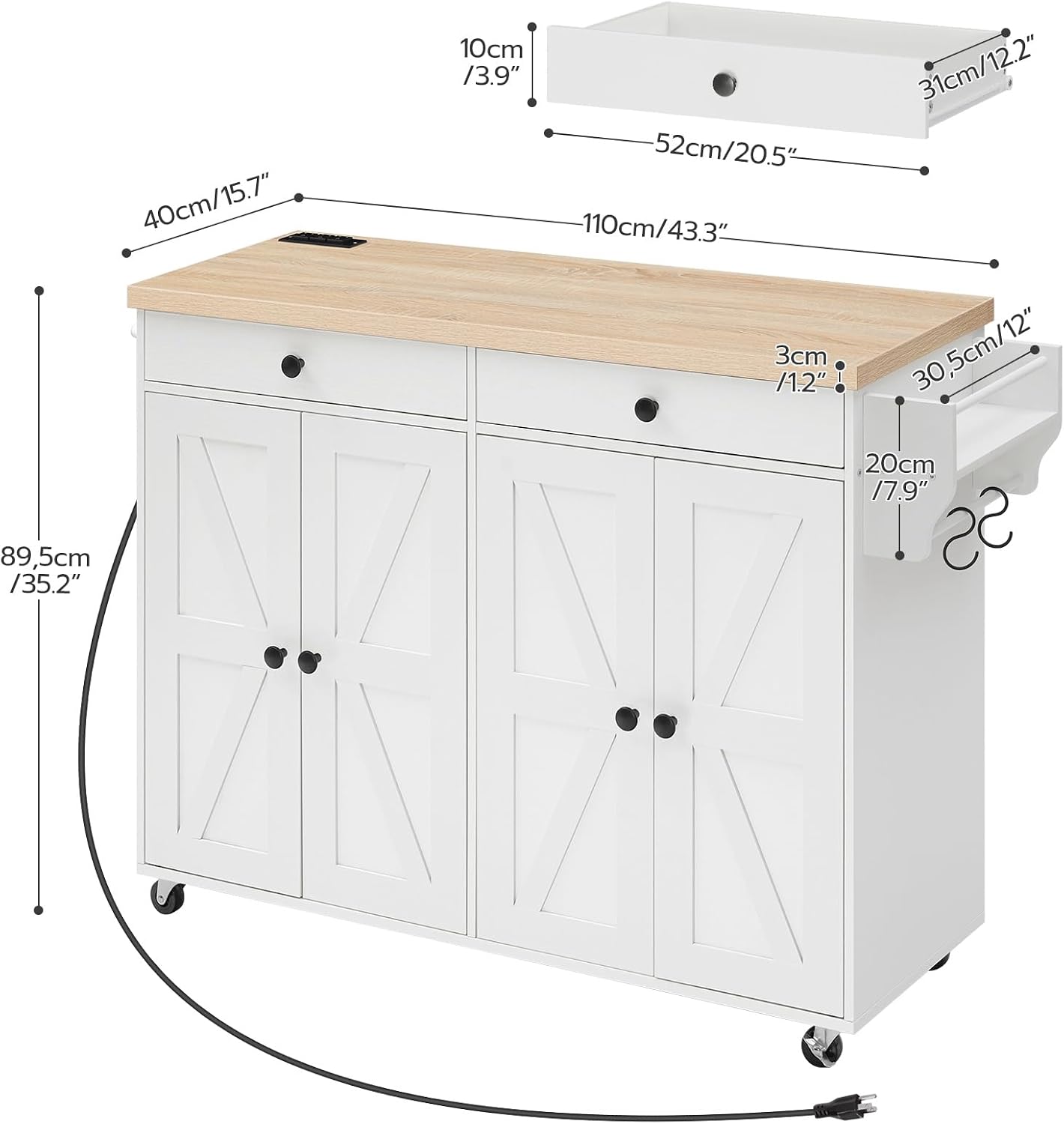 HOOBRO Kitchen Island with Power Outlet, Rolling Kitchen Island with Storage, Kitchen Island Cart with Spice Rack and Hooks, for Dining, Living Room, White and Natural WN11UZD01