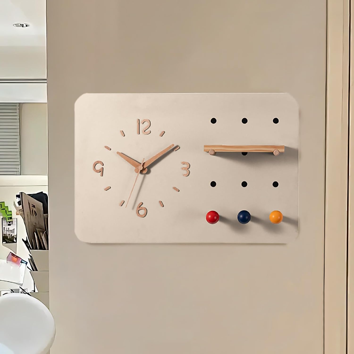 Decorative Fuse Box Cover with Clock, Hidden Circuit Breaker Panel, Modern Electrical Panel Cover Wall Mounted for Home Office, with Storage Function(Beige)