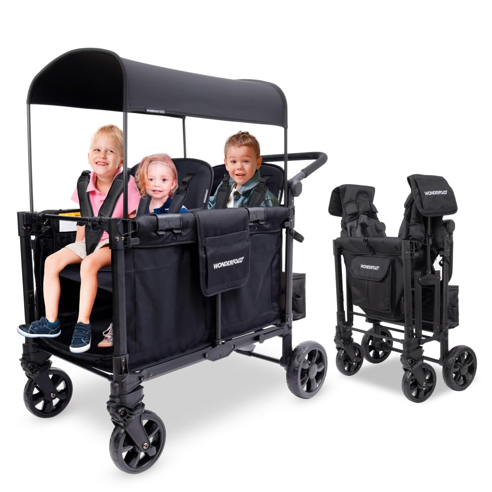 WonderFold W4 Elite Pro Stroller Wagon - Foldable Wagon with Aluminum Frame - Adjustable Canopy & Push Handle - All-Terrain Wheels - For Babies, Toddlers & Kids - 4 Seater - Jet Black