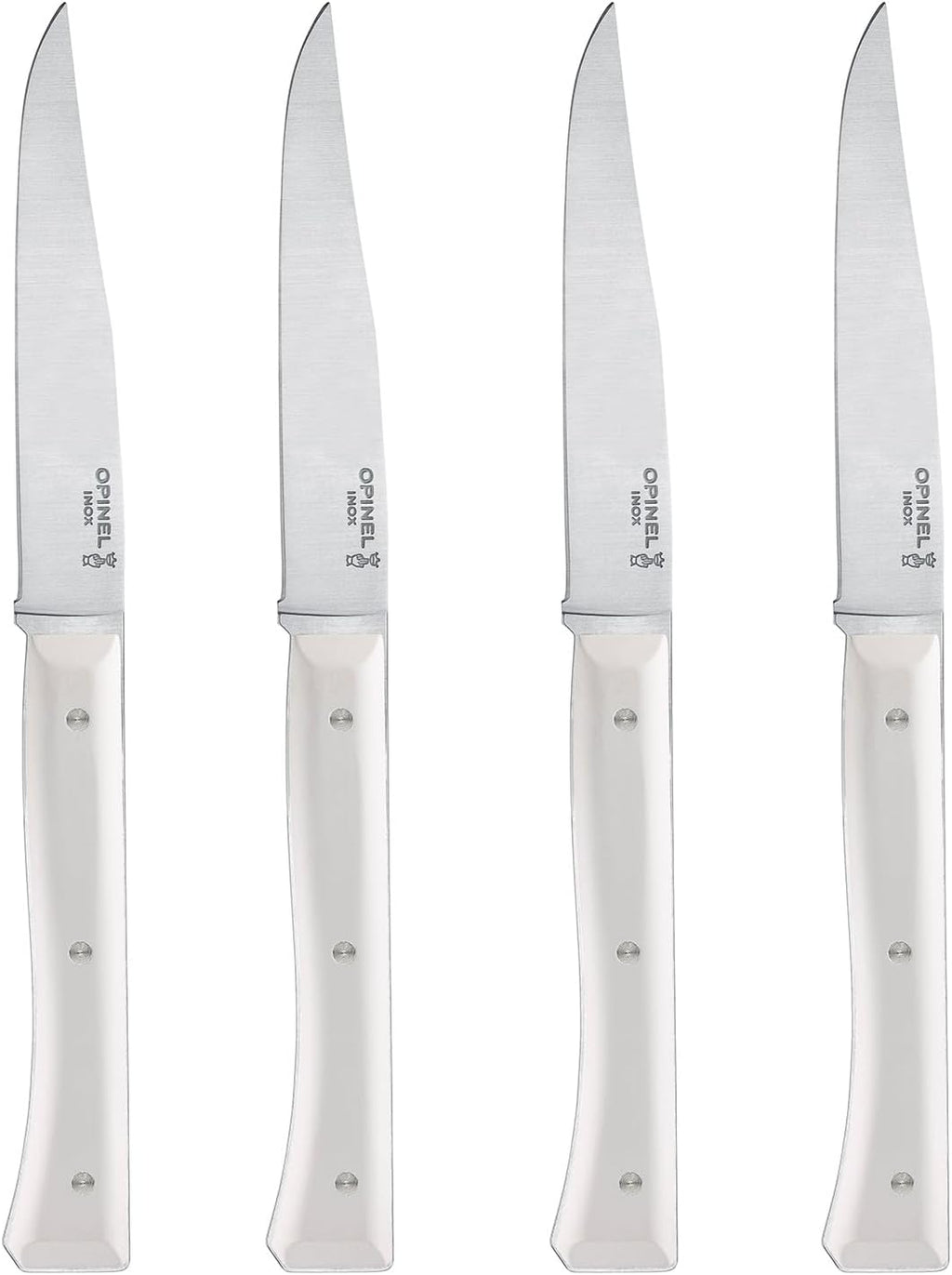 OPINEL Facette Steak Knife Set – Full Tang Table Knife Setting for 4, Comfortable Riveted Handle in Premium Woods and Vitter Eco, Made in France (White VittEr)