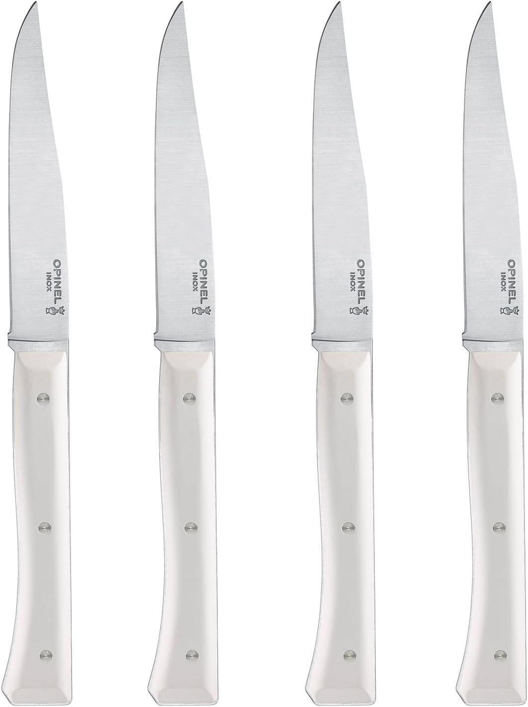 OPINEL Facette Steak Knife Set – Full Tang Table Knife Setting for 4, Comfortable Riveted Handle in Premium Woods and Vitter Eco, Made in France (White VittEr)