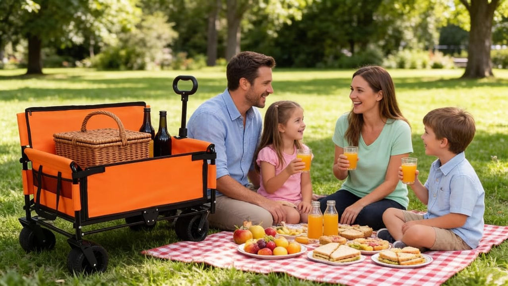 3-in-1 Convertible Folding Wagon Cart with Bench Seat & Storage - 500lbs Heavy-Duty Utility Wagon, 180L Capacity All-Terrain Wheels for Camping, Beach, Sports, Garden (Orange)