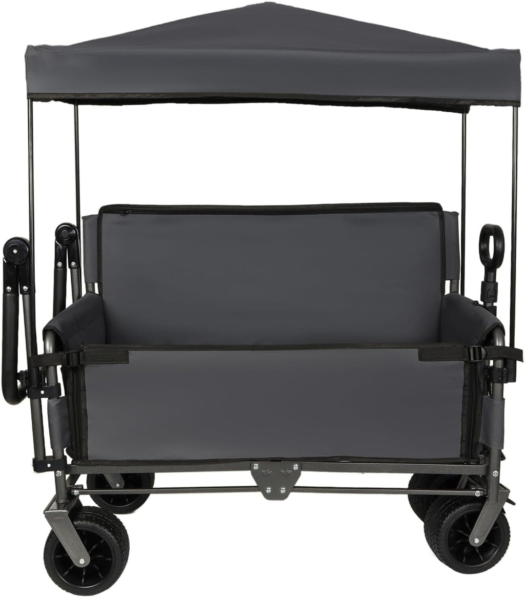 3-in-1 Folding Wagon Cart with Bench Seat & Canopy & Storage, 500lbs Heavy-Duty, 180L Capacity, All-Terrain Wagon for Camping, Beach, Sports, & Garden, Gray