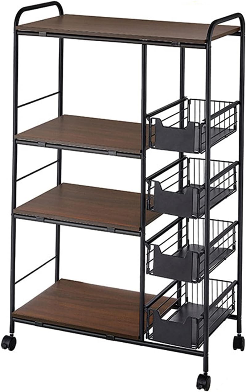 5-Tier Kitchen Bakers Rack Storage Shelf Hutch Holder on Wheels, Industrial Microwave Oven Stand, Standing Kitchen Utility Cart Storage Rack Organizer Rack Pantry with Storage Drawer Rustic