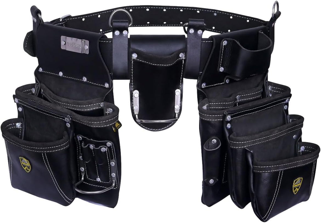 PRO-19 Genuine Grain Leather Multi Pockets Construction Tool Rig, Carpenter Tool Belt, 2 Leather Tool Pouches, Pro Style Tool Belt for Framers, Handyman, Drywall & Roofers (BLACK, Full Size)