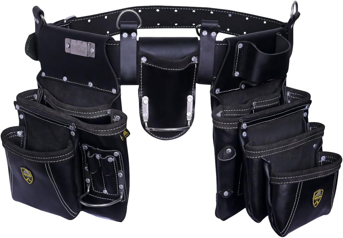 PRO-19 Genuine Grain Leather Multi Pockets Construction Tool Rig, Carpenter Tool Belt, 2 Leather Tool Pouches, Pro Style Tool Belt for Framers, Handyman, Drywall & Roofers (BLACK, Full Size)