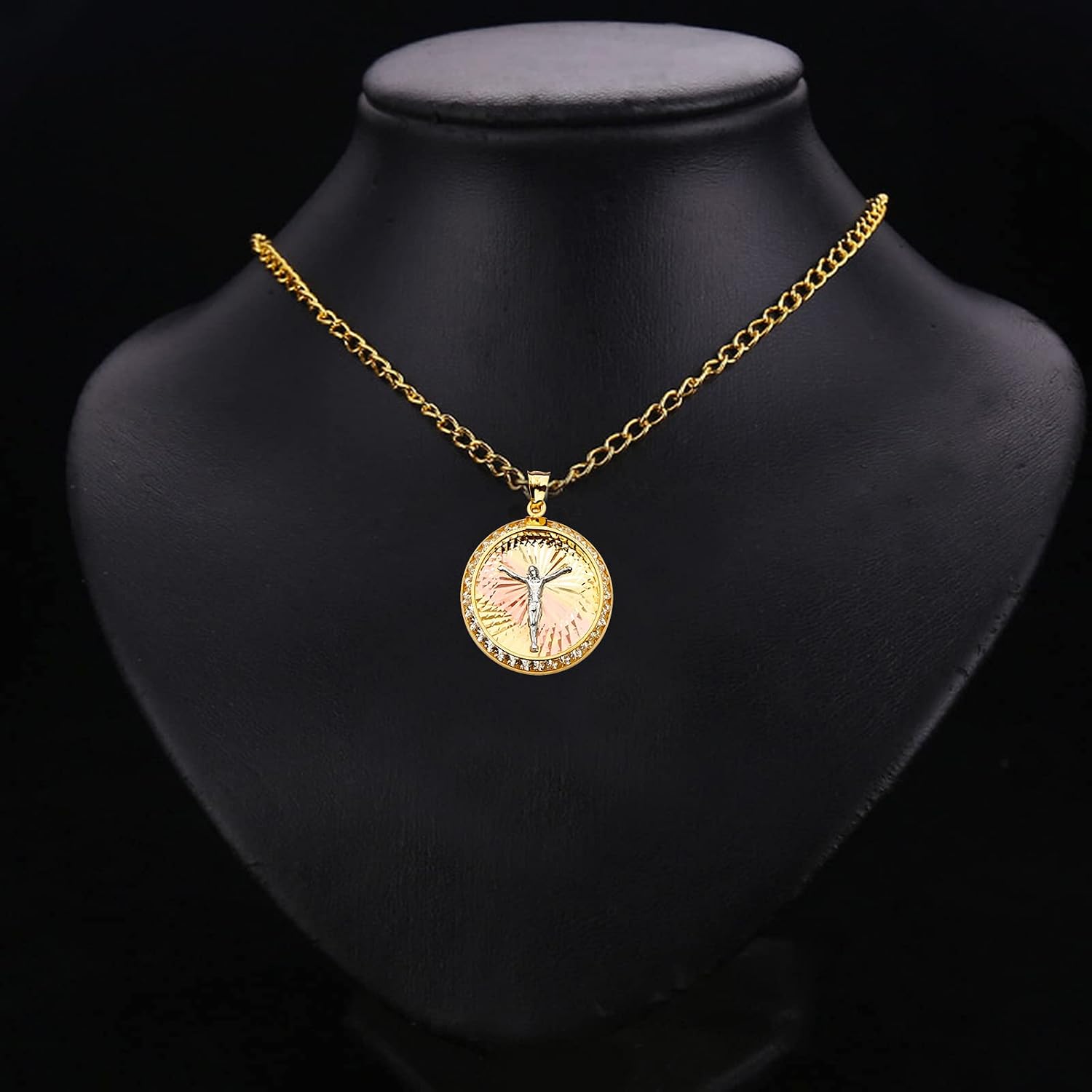 TGDJ 14K Tri Color Gold Jesus Medal Pendant - Crucifix Charm Polish Finish - Handmade Spiritual Symbol - Gold Stamped Fine Jewelry - Great Gift for Men & Women for Occasions, 29 x 21 mm, 1.6 gms