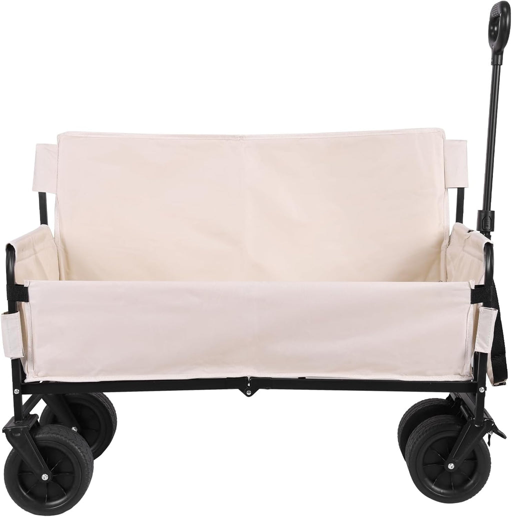 Large Capacity Collapsible Wagon Cart with Big Wheels Heavy Duty Collapsible Utility Wagon for Groceries Garden Sport (Beige)