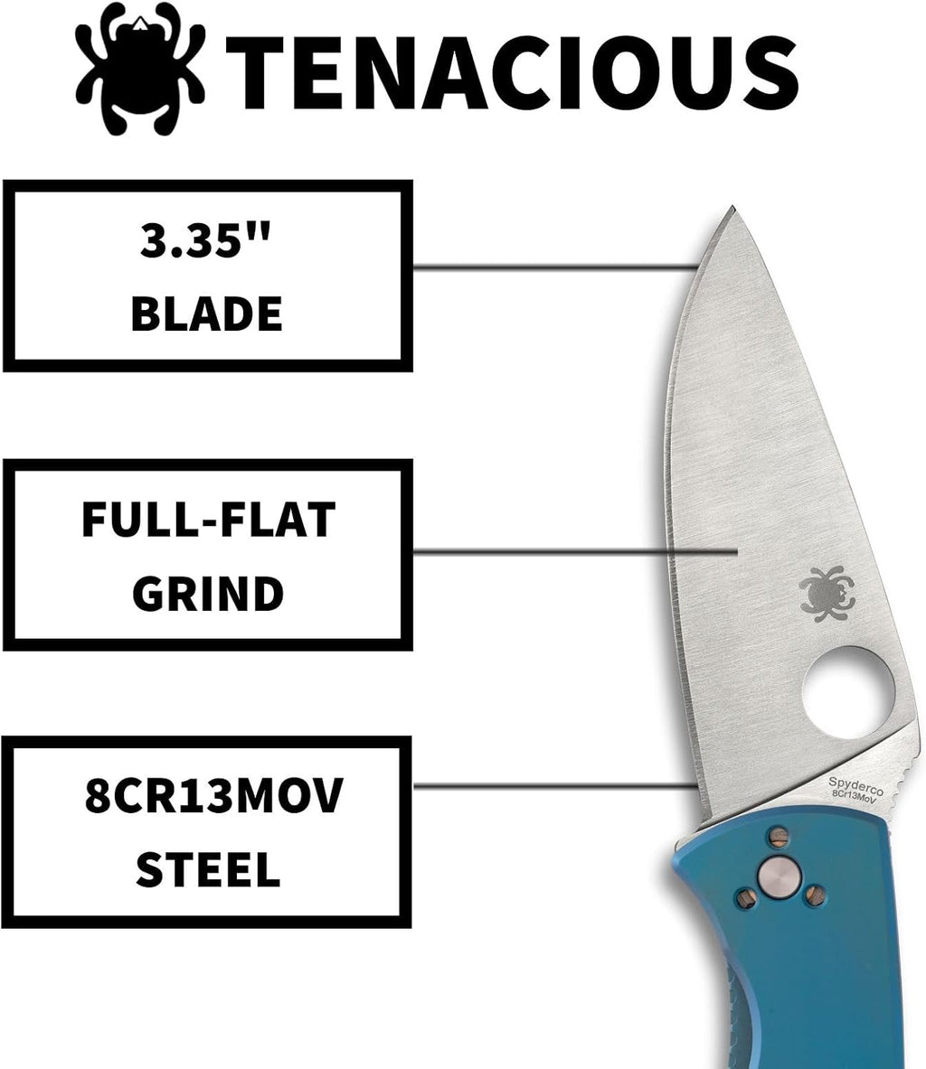 Spyderco Tenacious Folding Pocket Knife, PlainEdge | 7.74' Overall Length, 3.3' 8Cr13MoV Steel Blade, Titanium Handle, R.I.L Lock, Full-Flat Grind