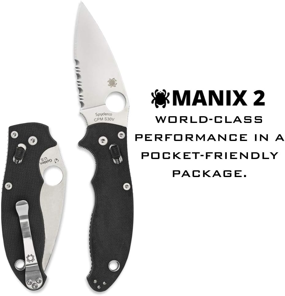 Spyderco Manix 2 Folding Pocket Knife with 3.3' CPM S30V Steel Blade and G-10 Handle - EDC Knife for Men and Women, Perfect for Hunting, Tactical, Camping, Survival - CombinationEdge - C101GPS2