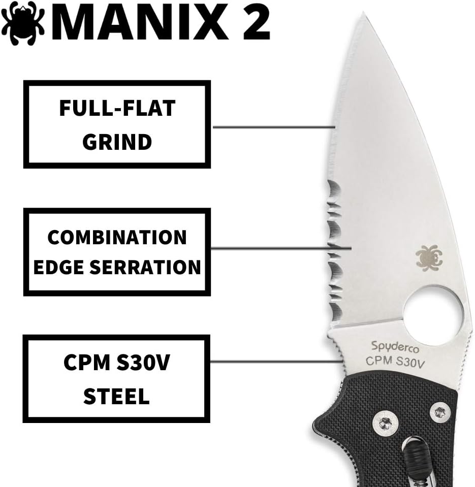 Spyderco Manix 2 Folding Pocket Knife with 3.3' CPM S30V Steel Blade and G-10 Handle - EDC Knife for Men and Women, Perfect for Hunting, Tactical, Camping, Survival - CombinationEdge - C101GPS2