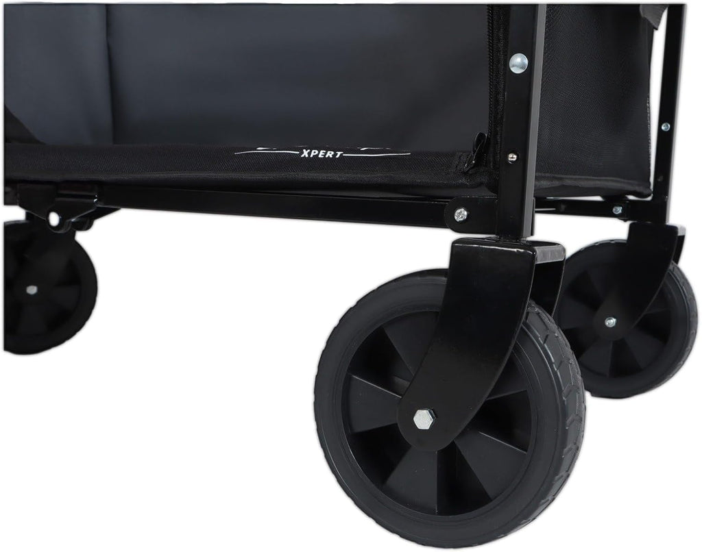 Wagonpro Folding Utility Wagon with Convertible Bench Seat, Collapsible All-Terrain Cart with 360° Swivel Wheels, Portable Outdoor Wagon for Camping, Beach, Sports Events, Black