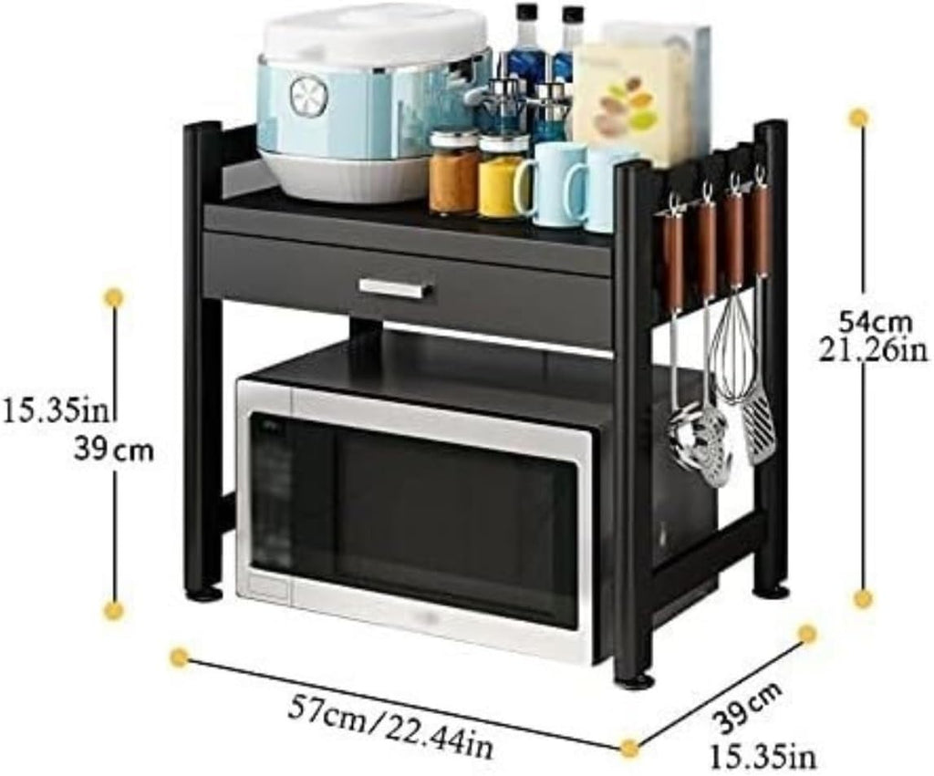 Kitchen Bakers Rack 2 Tier Microwave Oven Rack with Drawer Carbon Steel Microwave Shelf Toaster Stand Kitchen Storage Counter Rack Toaster Shelf