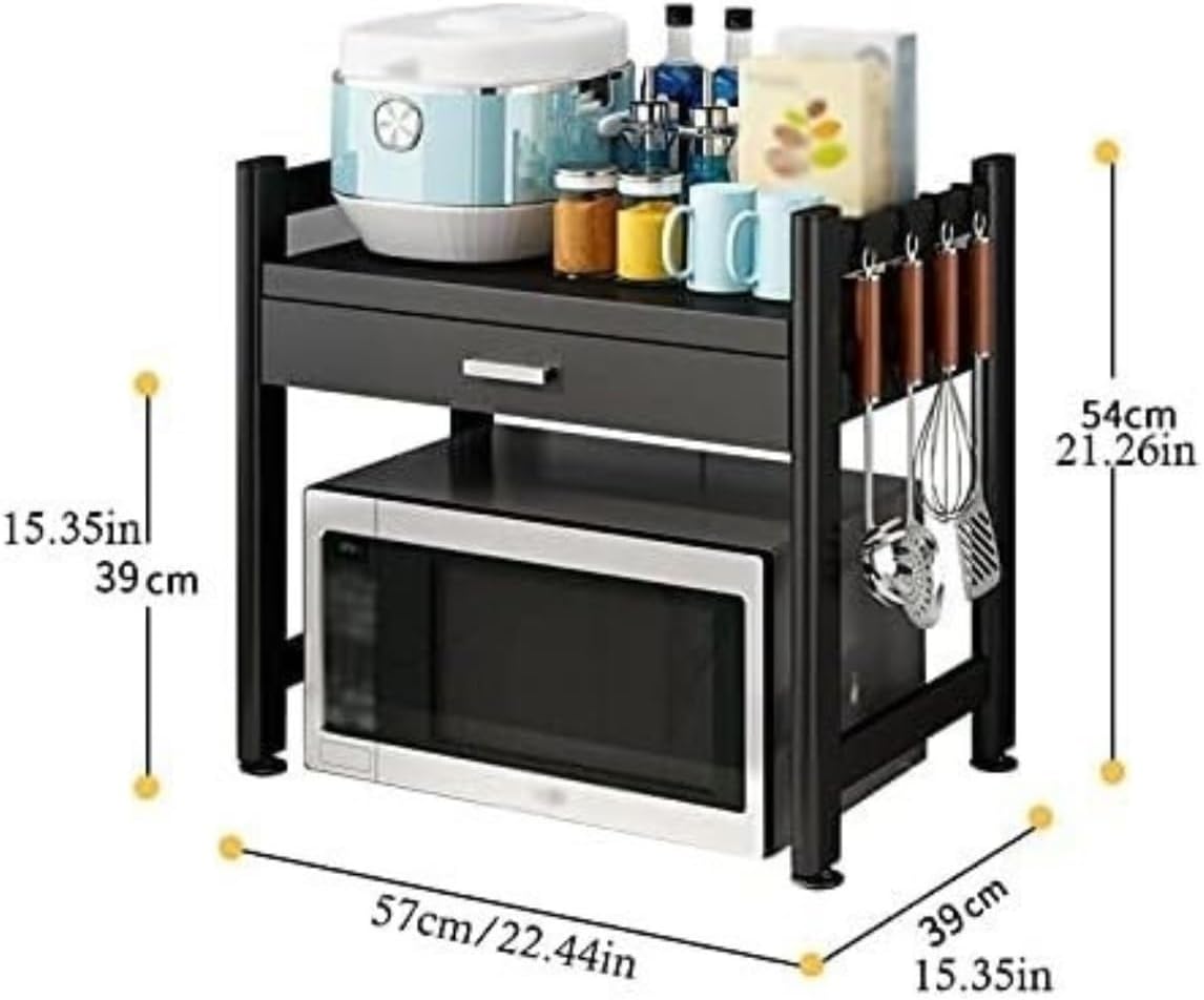 Kitchen Bakers Rack 2 Tier Microwave Oven Rack with Drawer Carbon Steel Microwave Shelf Toaster Stand Kitchen Storage Counter Rack Toaster Shelf