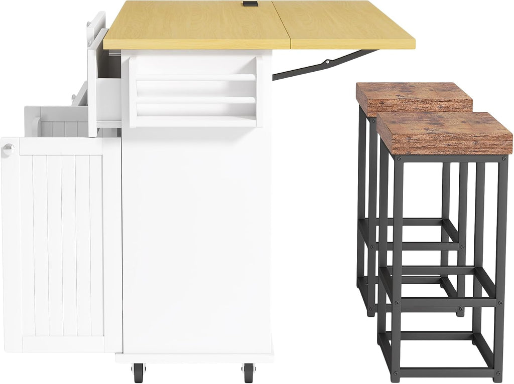 Bellemave Farmhouse Kitchen Island on Wheels with 11.8inch Drop Leaf, 2 Stools, Power Outlet,Kitchen Cart with Storage Cabinet, 2 Drawers, Door Shelves and Towel Rack(White)