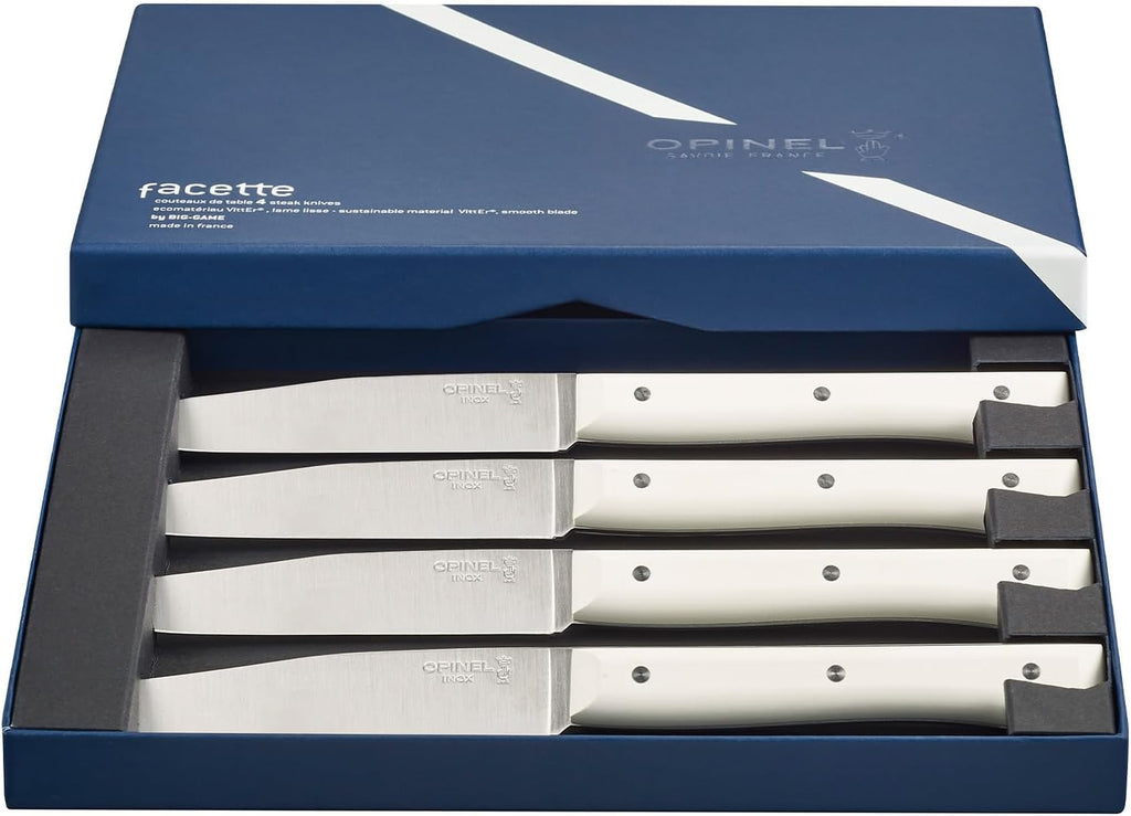 OPINEL Facette Steak Knife Set – Full Tang Table Knife Setting for 4, Comfortable Riveted Handle in Premium Woods and Vitter Eco, Made in France (White VittEr)
