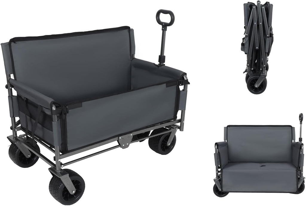 3-in-1 Folding Wagon Cart with Bench Seat & Storage, 500 Lbs Heavy-Duty Utility Lounge Wagon, All-Terrain Wheels for Camping, Beach, Sports, Garden (Grey)