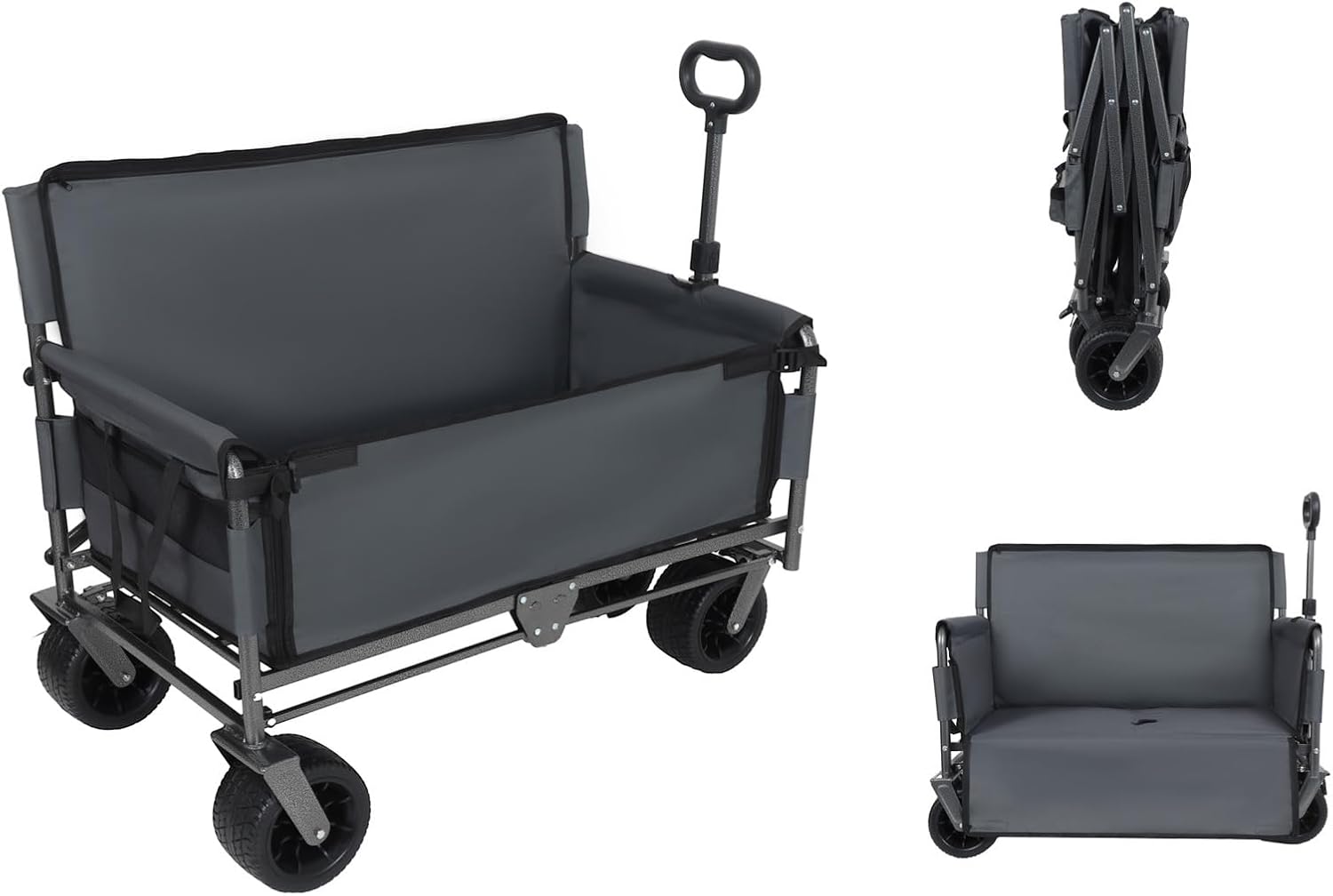 3-in-1 Folding Wagon Cart with Bench Seat & Storage, 500 Lbs Heavy-Duty Utility Lounge Wagon, All-Terrain Wheels for Camping, Beach, Sports, Garden (Grey)