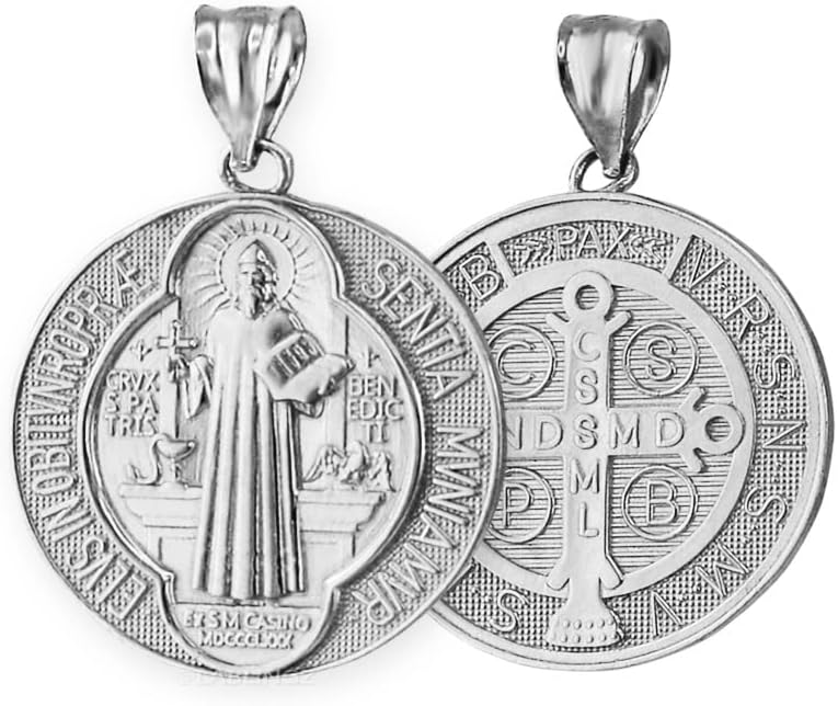 LA BLINGZ 10K White Gold Saint Benedict Medal Reversible Pendant Necklace
