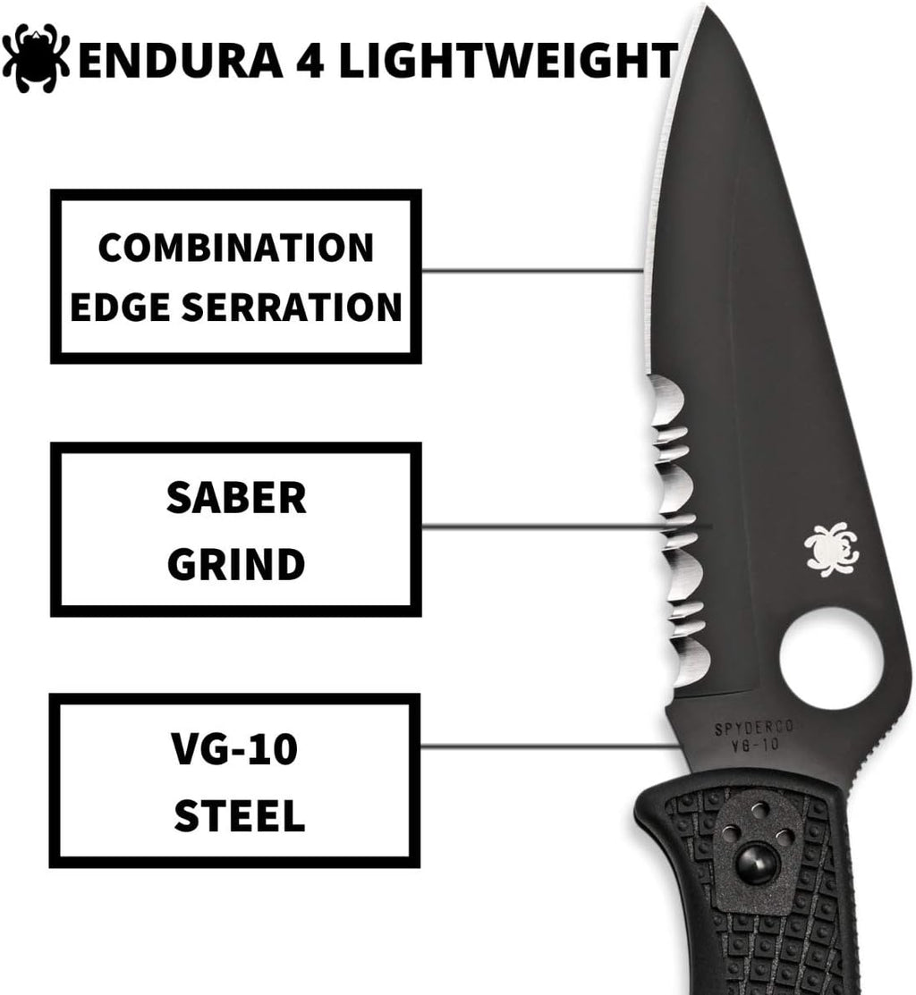 Spyderco Endura 4 Lightweight Folding Pocket Knife with 3.8' VG-10 Steel Blade and FRN Handle - EDC Knife for Men and Women, Perfect for Hunting, Tactical, Camping - CombinationEdge - C10PSBBK