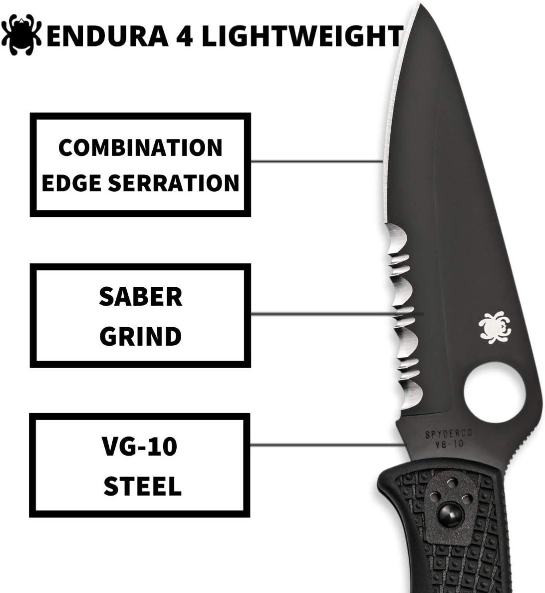 Spyderco Endura 4 Lightweight Folding Pocket Knife with 3.8' VG-10 Steel Blade and FRN Handle - EDC Knife for Men and Women, Perfect for Hunting, Tactical, Camping - CombinationEdge - C10PSBBK