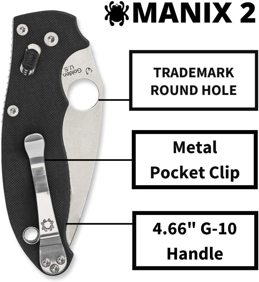 Spyderco Manix 2 Folding Pocket Knife with 3.3' CPM S30V Steel Blade and G-10 Handle - EDC Knife for Men and Women, Perfect for Hunting, Tactical, Camping, Survival - CombinationEdge - C101GPS2