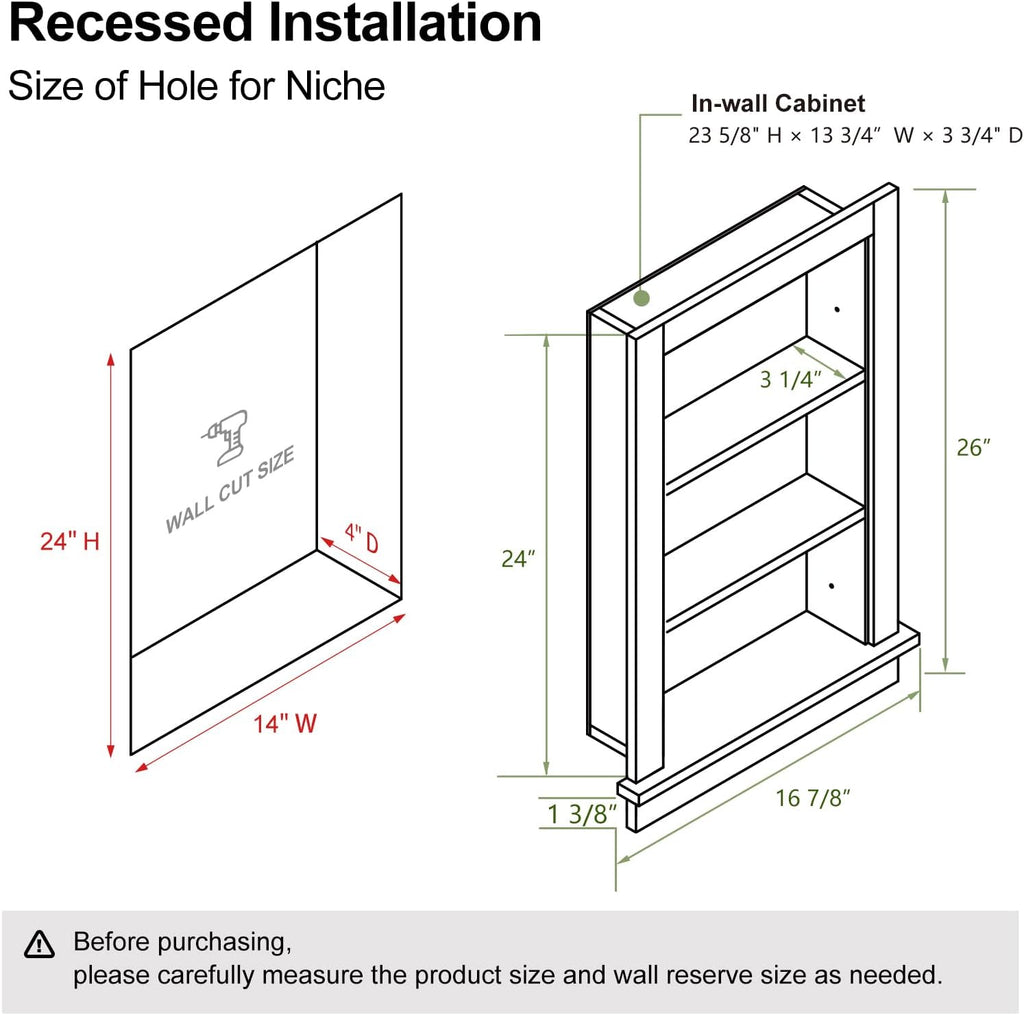 Recessed Medicine Cabinet,14x24 in Wall Bathroom Cabinet with Storage,Bathroom Niche for Shower Wall for Bedroom/Hallway,Black Shower Wall Niche Insert for Drywall,MDF