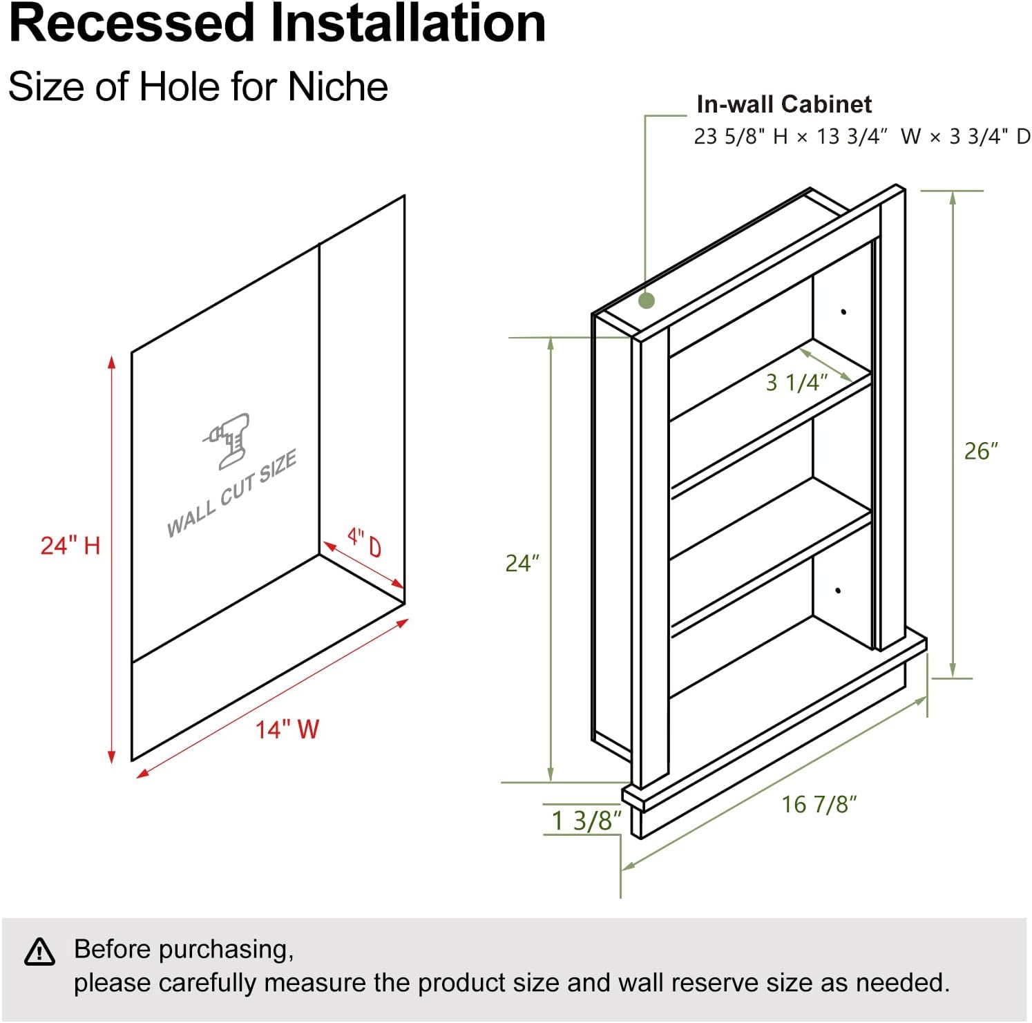 Recessed Medicine Cabinet,14x24 in Wall Bathroom Cabinet with Storage,Bathroom Niche for Shower Wall for Bedroom/Hallway,Black Shower Wall Niche Insert for Drywall,MDF