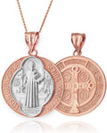 LA BLINGZ 14K Two-Tone Rose Gold Saint Benedict Medal Reversible Pendant Necklace
