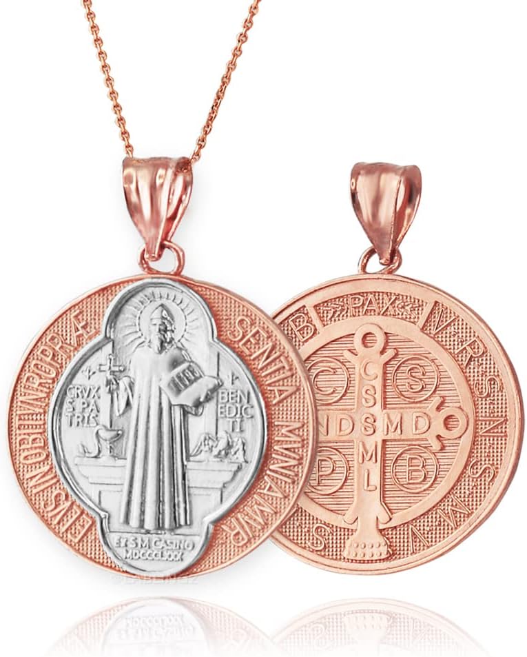 LA BLINGZ 14K Two-Tone Rose Gold Saint Benedict Medal Reversible Pendant Necklace