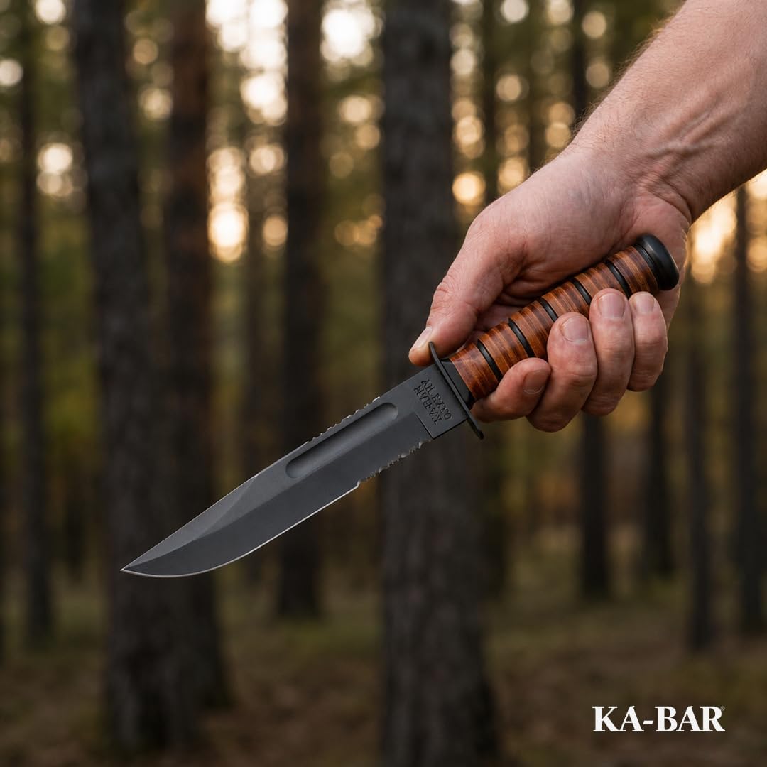 KA-BAR 1218 USMC Full-Size Fighting Knife – 7' Serrated Blade with Leather Sheath