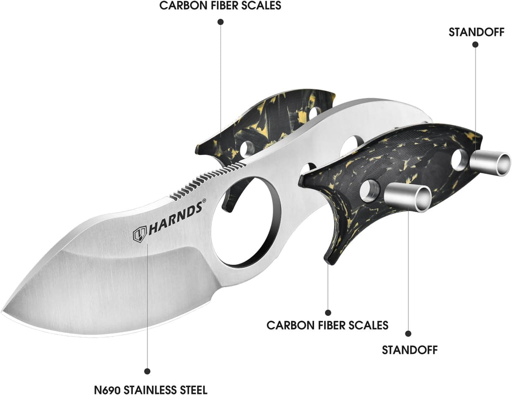 Harnds Small Fixed Blade Knife Full Tang Camping EDC with N690 Steel and Carbon Fiber Handle for Fishing and Skinning Eggplant