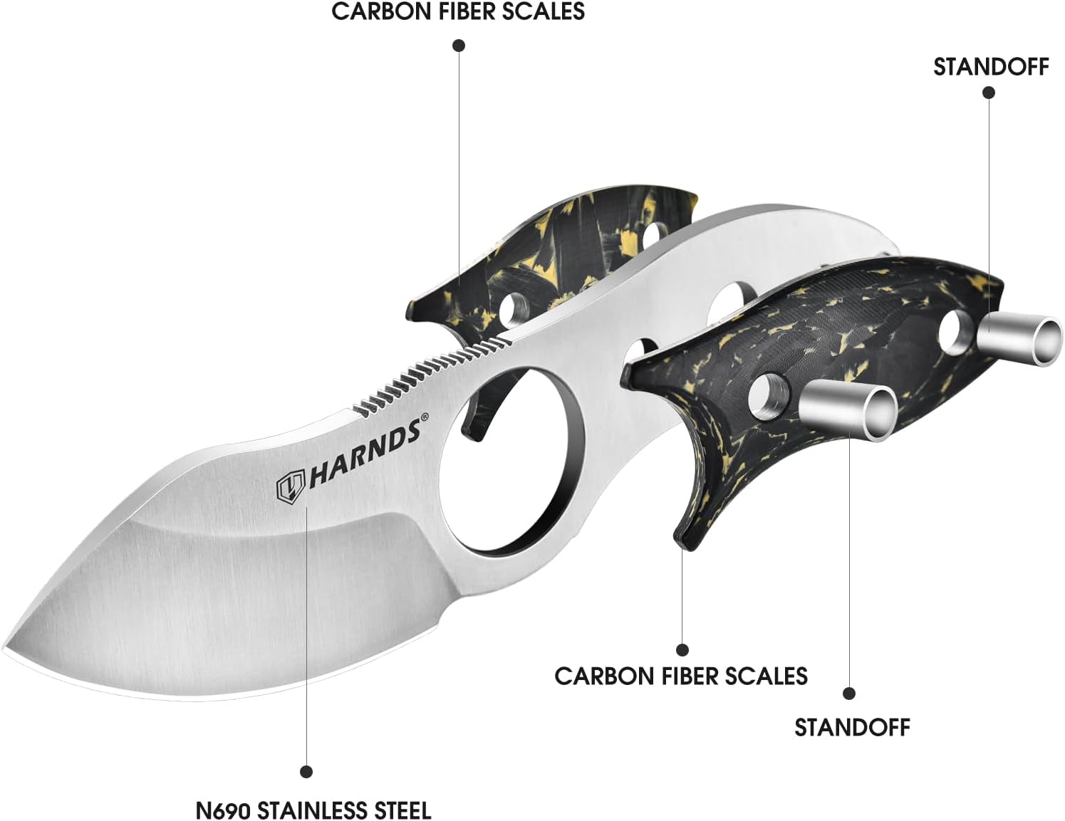 Harnds Small Fixed Blade Knife Full Tang Camping EDC with N690 Steel and Carbon Fiber Handle for Fishing and Skinning Eggplant