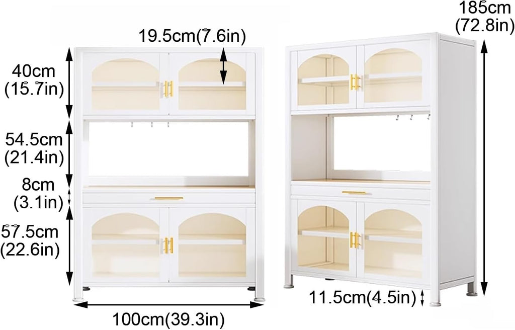 Kitchen Bakers Rack with Storage, Standing Kitchen Storage Rack with Drawer, Microwave Stand with 3 Hooks, Large Capacity(White,100cm)