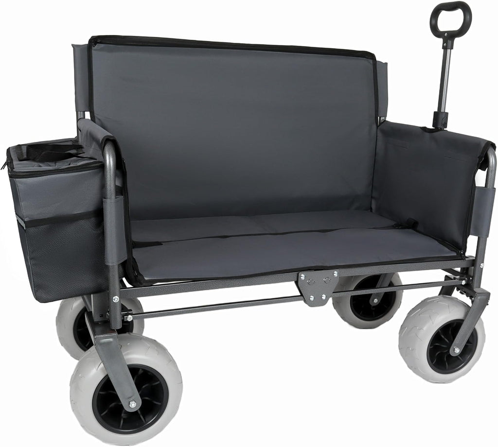 Gray Collapsible Wagon, Bench Seat & Storage, All-Terrain 9'x4' Beach Tires, Steel Frame, Folding Camping Cart for Beach, Sports, Fish, 40.94x20.47x44.29 in